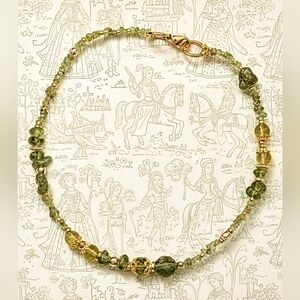 Sweet Green Peridot Nugget Bohemian Assymetrical Gold Necklace Or Choker